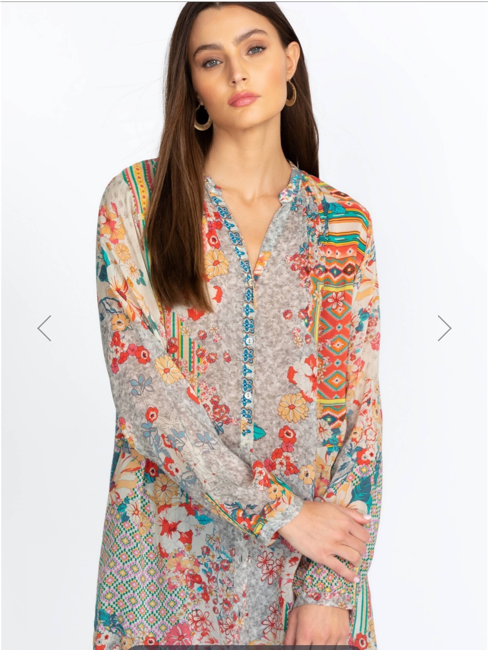 Johnny Was Multicolor Floral Patchwork Tunic - Teal, Red, Yellow